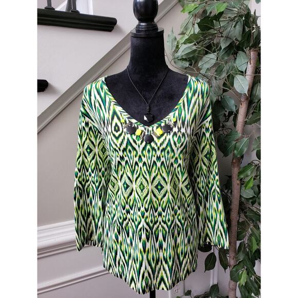 Ruby Rd. Blouse Top Womens 2X Green Printed Beaded V Neck Long Sleeve Pullover - Picture 1 of 12